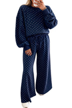 Polka dot drawstring wide-leg long sleeve top and pant set by Dear-Lover, stylish two-piece outfit with comfortable fit.