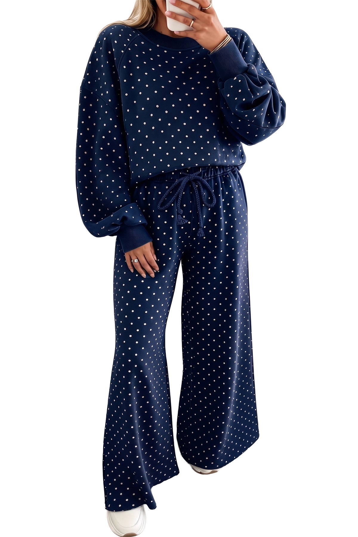 Polka dot drawstring wide-leg long sleeve top and pant set by Dear-Lover, stylish two-piece outfit with comfortable fit.