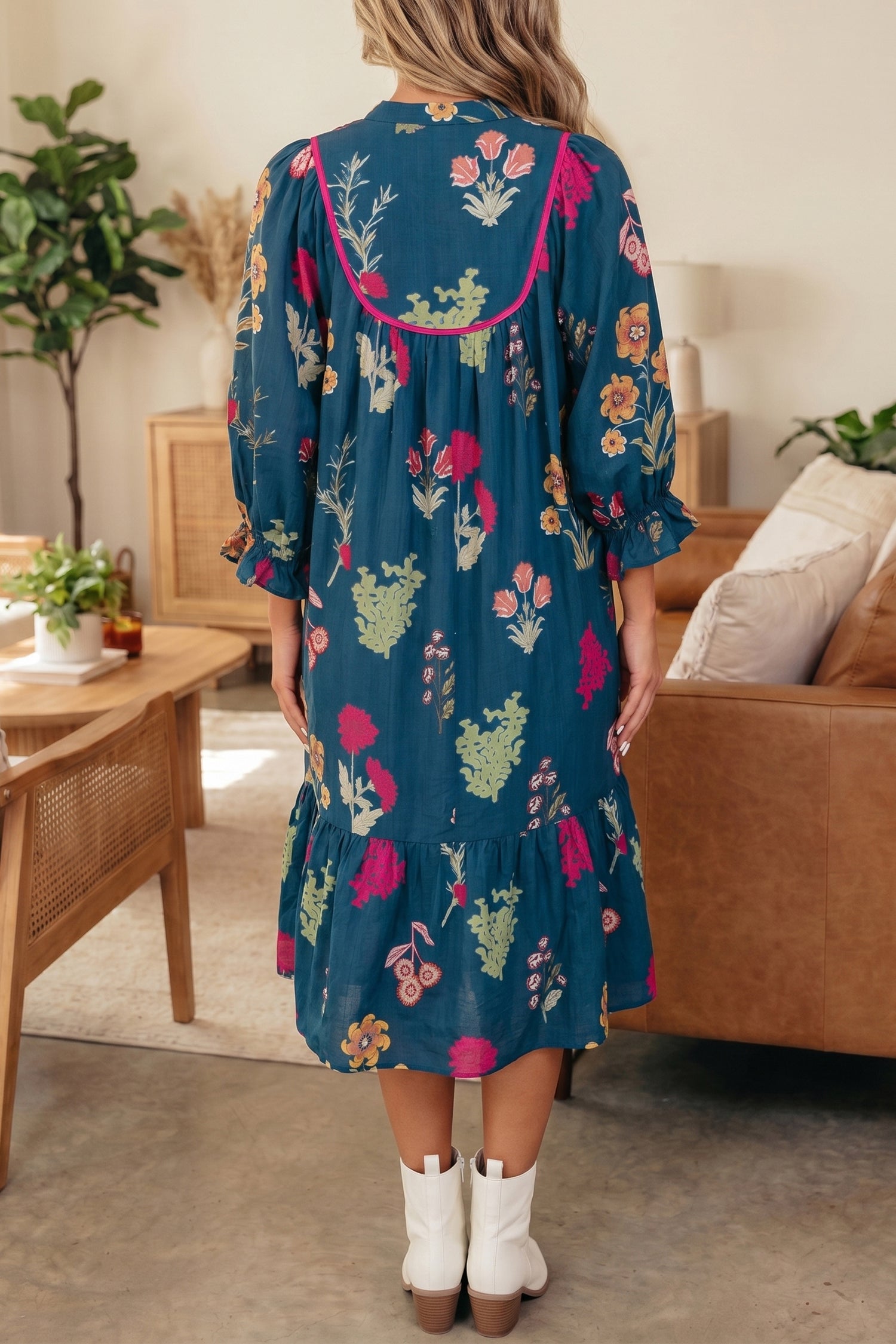 Blue Floral Print Gathered Neckline 7/8 Sleeve Casual Midi Dress