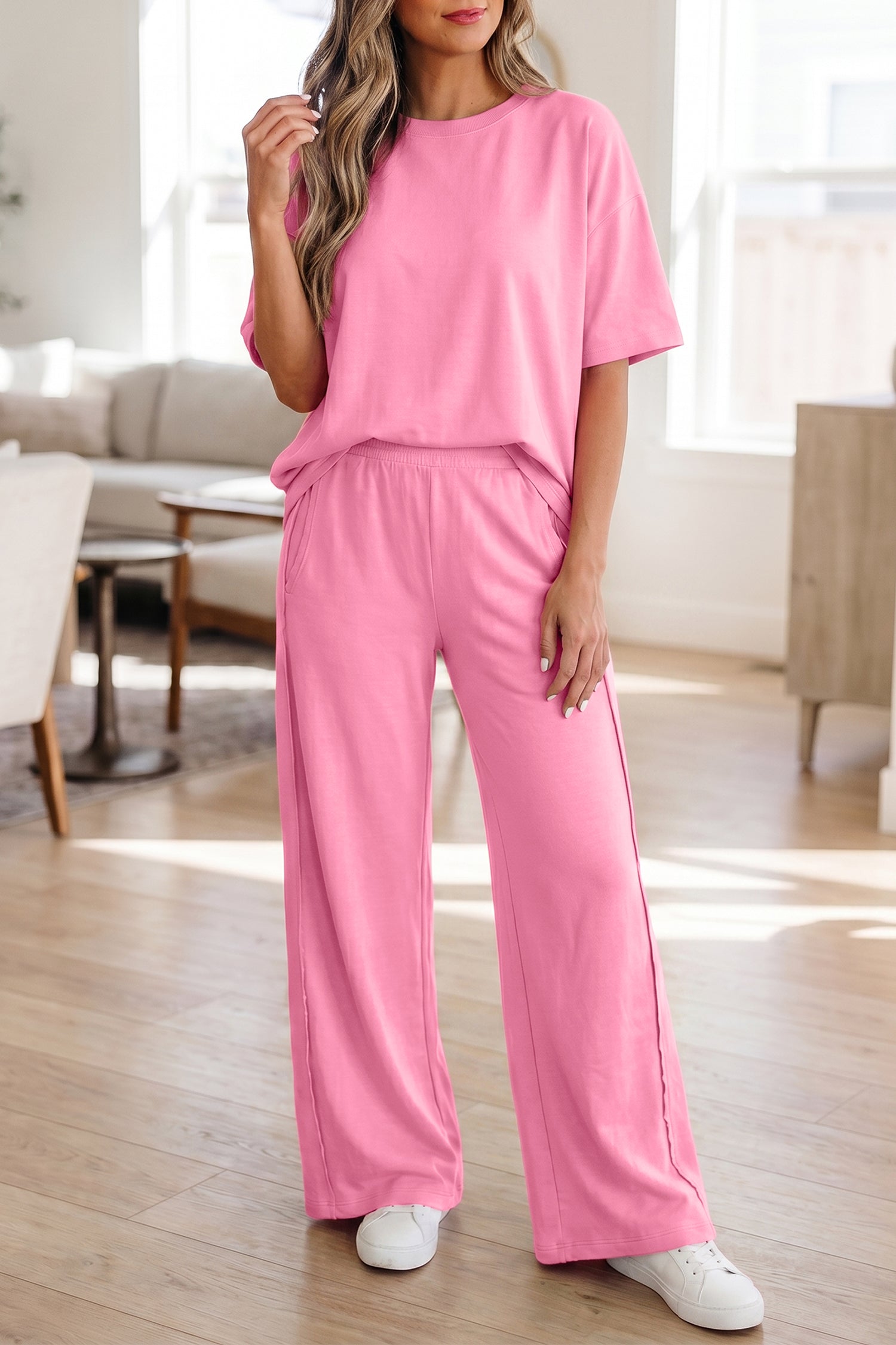 Sachet Pink Solid Cover Oversize Tee Pocketed Casual Pants 2pcs Outfit