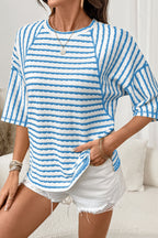 Pink Stripe Textured Knit Split Hem Half Sleeve Loose Top