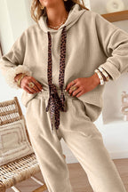 Leopard Drawstring Pullover Hoodie and High Waist Pants Corduroy Suit