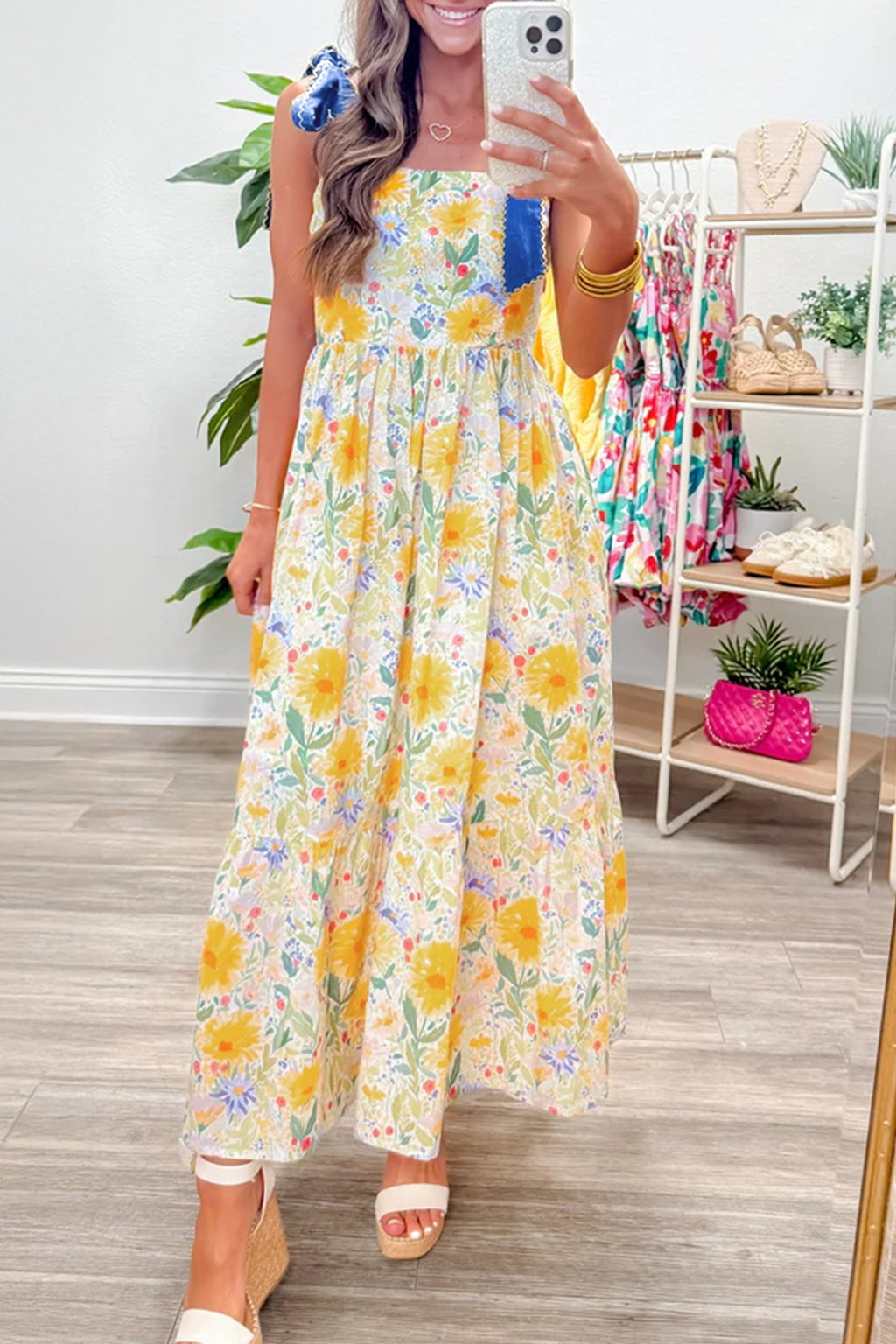 Red Floral Print Contrast Stitched Knot Denim Straps High Waist Dress