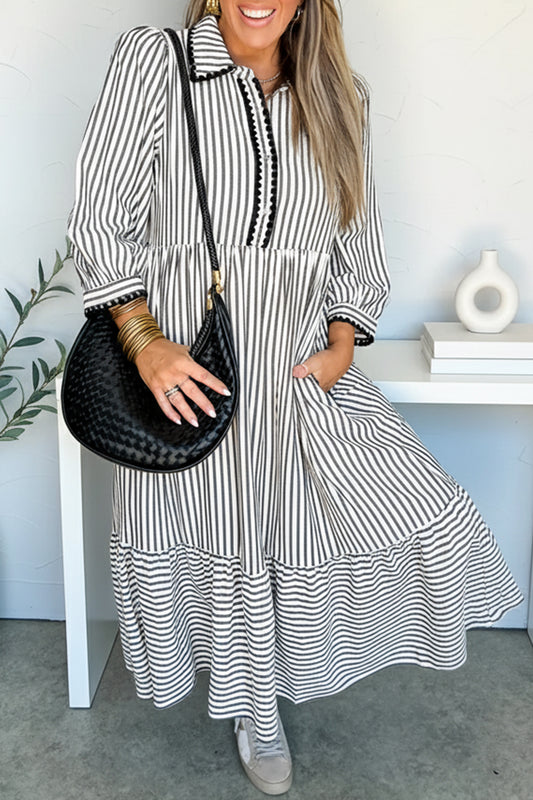Black Stripe Scallop Trim Shirt Collar Half Button 3/4 Sleeve Long Dress