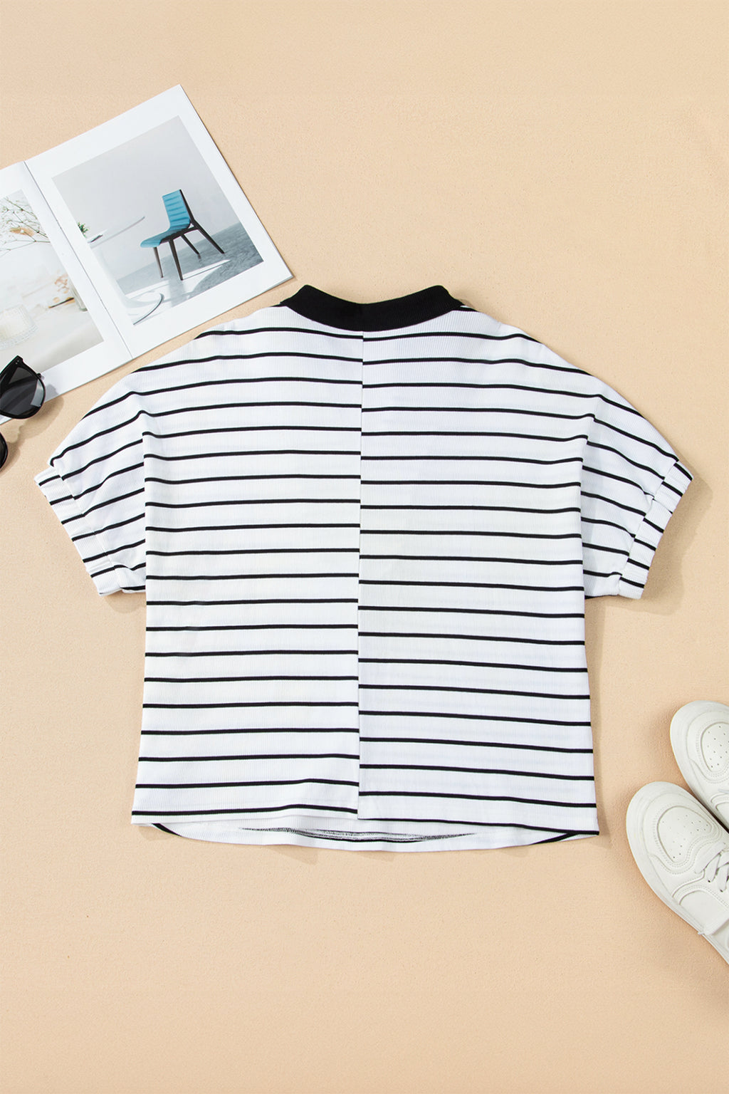 Black Stripe Stand Collar V Neck Elastic Cuffs Half Sleeve Dolman Top