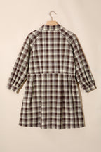 Brown Plaid Long Sleeve Short Shift Mini Dress