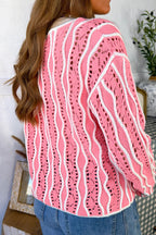 Pink Wavy Detail Hollow Out Knit Long Sleeve Cotton Pullover Sweater