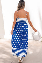 Blue Striped Polka Dot Patchwork High Waist Spaghetti Straps Maxi Dress