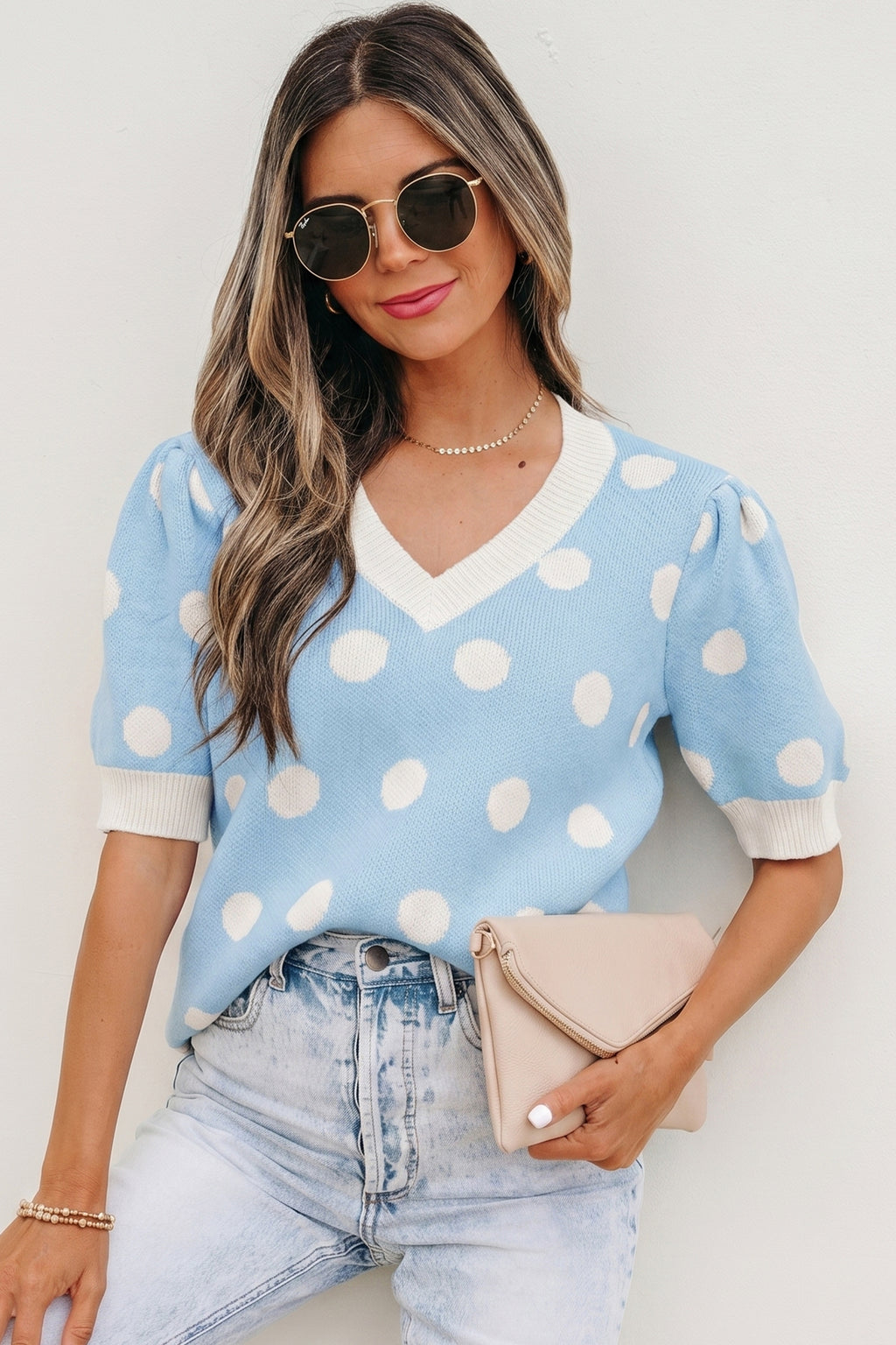 Rose Red Polka Dot Puff Short Sleeve Sweater Top