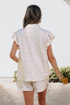 Beige Leopard Zip Polo Top 2pcs Short Set