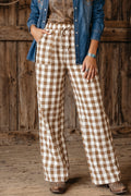 Brown gingham plaid tie elastic waist shift pants from Dear-Lover, featuring a casual, relaxed fit and stylish design.