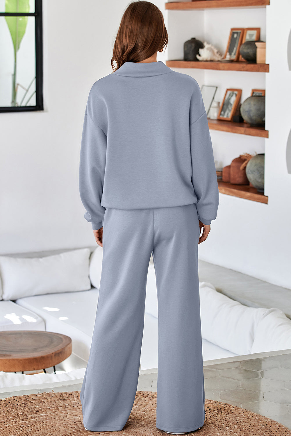 Solid color cowl neck drawstring pullover and wide-leg athleisure pants set by Dear-Lover, casual two-piece outfit for comfort and style.