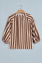 Brown Stripe V Neck Half Sleeve Casual Blouse