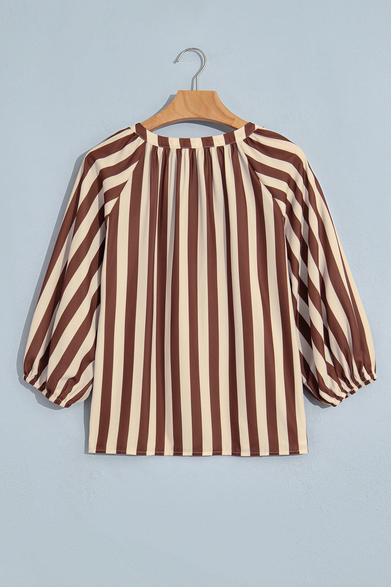 Brown Stripe V Neck Half Sleeve Casual Blouse