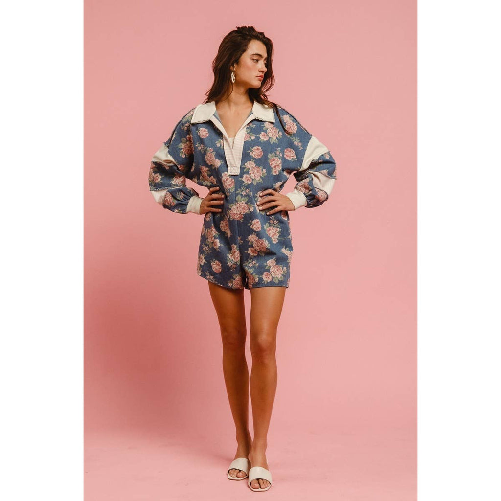 WASHED FLORAL DENIM ROMPER WITH CONTRAST COLLAR