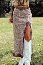 Brown Cheetah Print Trim Split Long Western Skirt