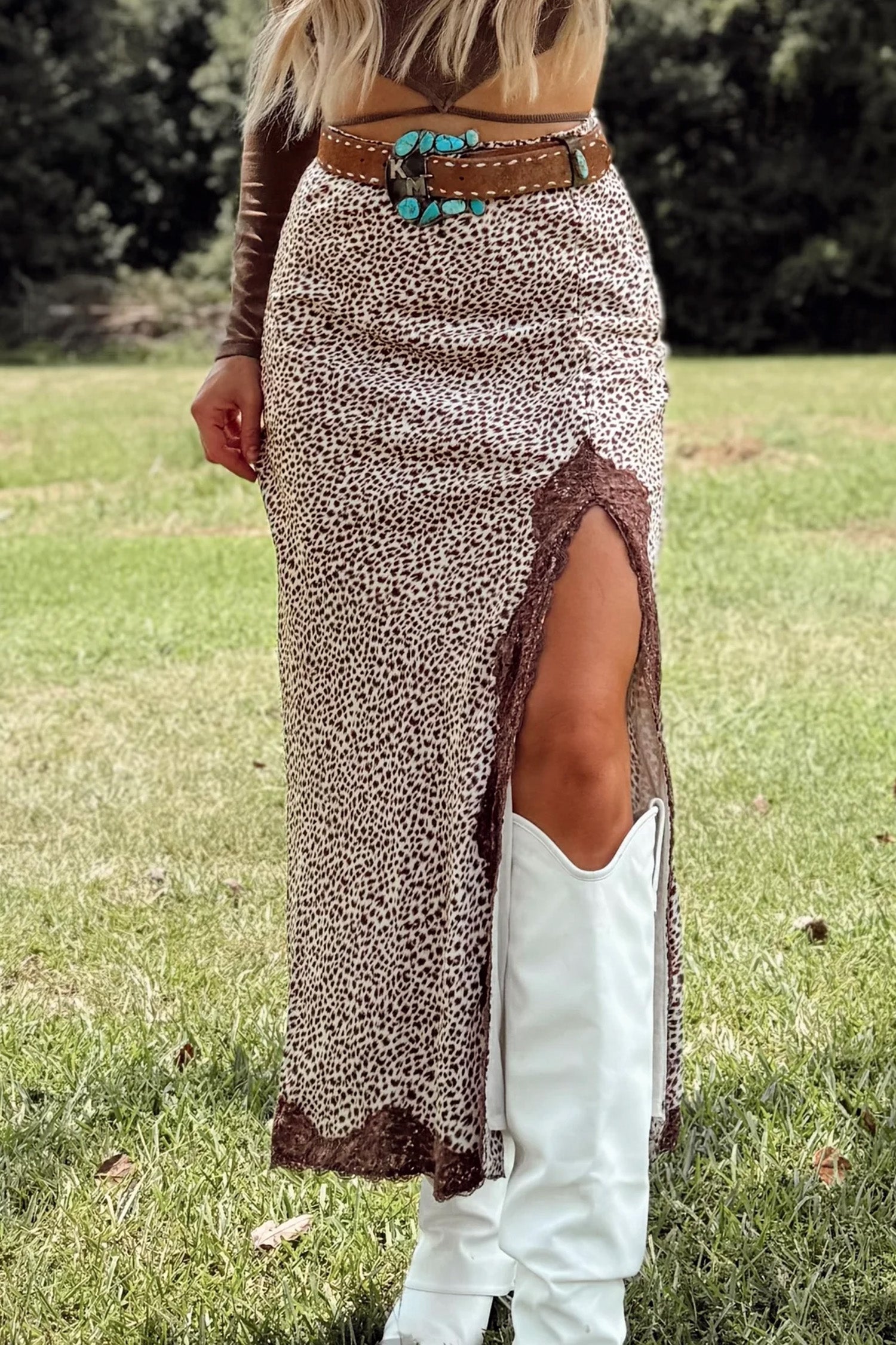 Brown Cheetah Print Trim Split Long Western Skirt