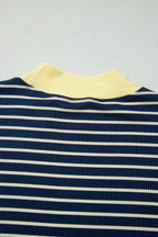 Blue Stripe Color Block Long Sleeve Pullover Ribbed Knit Casual Shorts Set