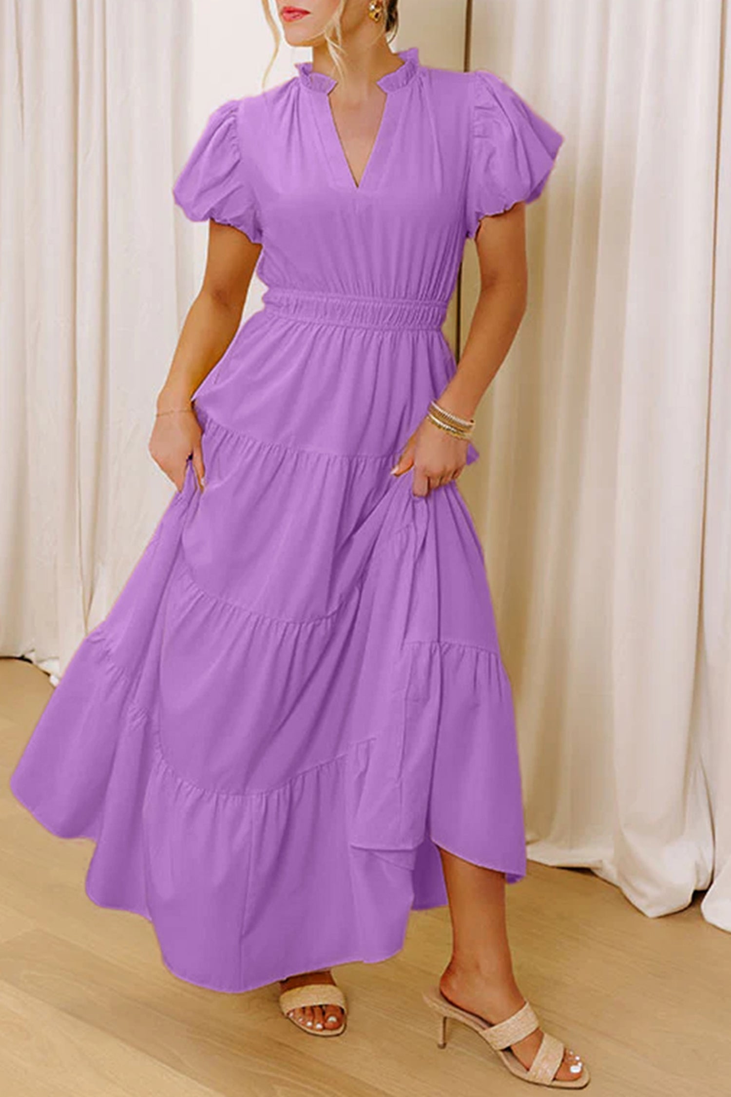 Solid Color V Neck Short Puff Sleeve High Waist Tiered Maxi Dress
