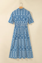 Blue Geometric Print Short Sleeve Drawstring Shirt Collar Dress