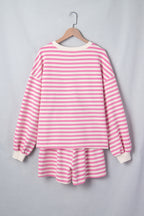 Pink Striped Long Sleeve Crew Neck Drawstring Waist Shorts Set