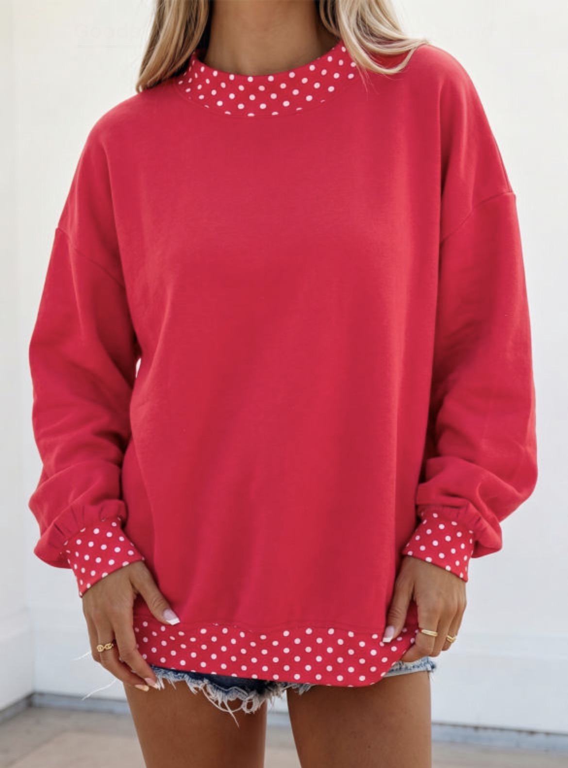 Red Colorblock Polka Dot Contrast Trim Oversized Sweatshirt