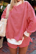 Red Stripe Oversize Mock Neck Sweatshirt and Shorts Set