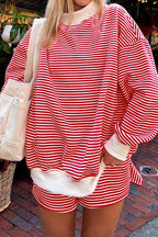 Red Stripe Oversize Mock Neck Sweatshirt and Shorts Set