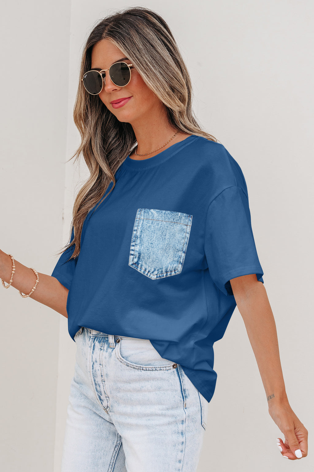 Sail Blue Color Block Chest Pocket Patched Casual Short Sleeve Top