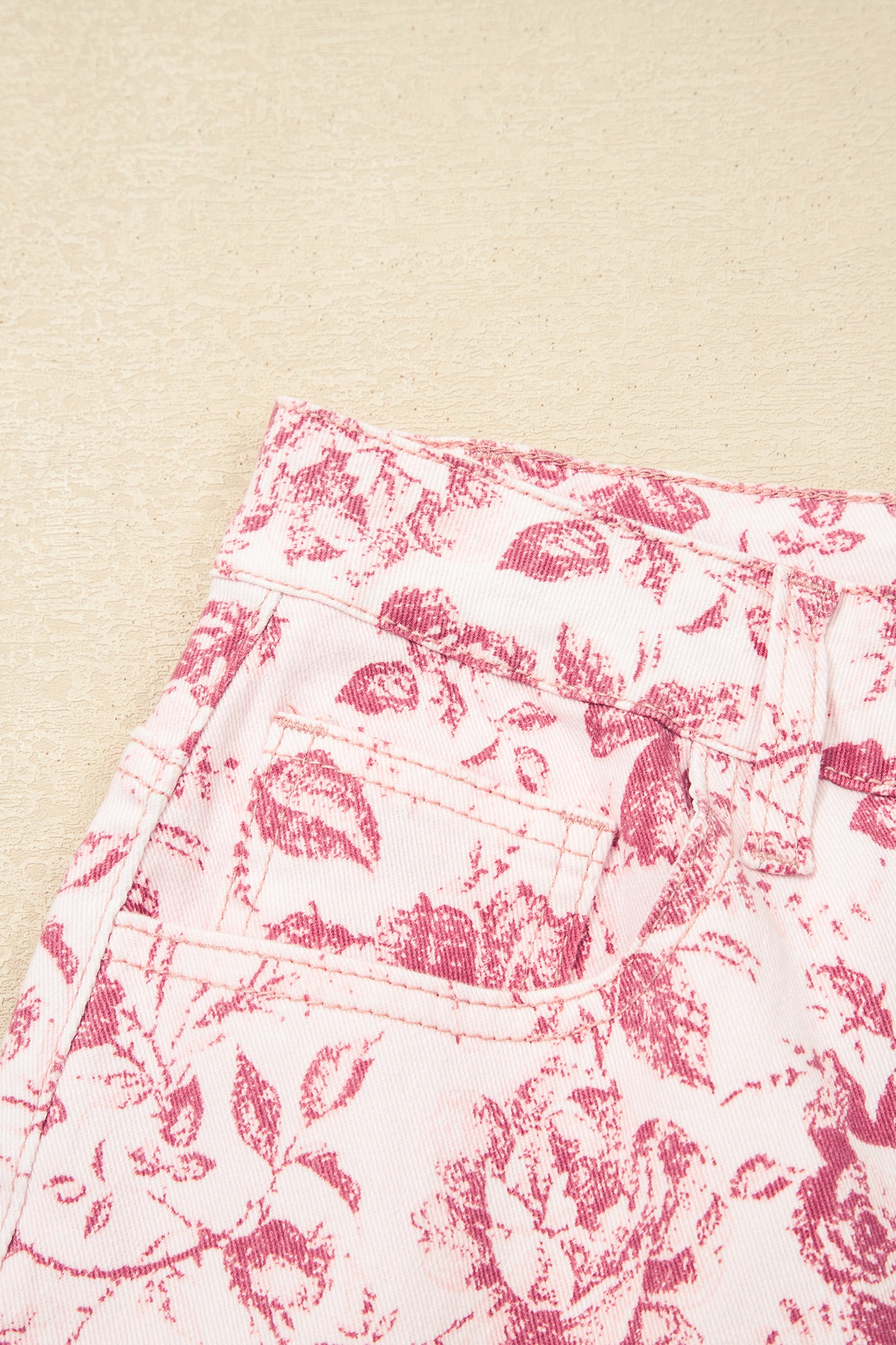 Pink Vintage Floral Print Denim Shift Pants