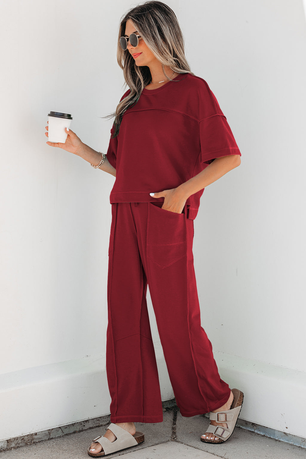 Racing Red Drop Shoulder Boxy Tee and Barrel Pants Set