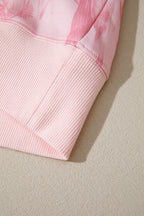 Pink Abstract Print Ribbed Crewneck Long Sleeve Top Elastic Waist Short Set