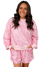 Pink Abstract Print Ribbed Crewneck Long Sleeve Top Elastic Waist Short Set
