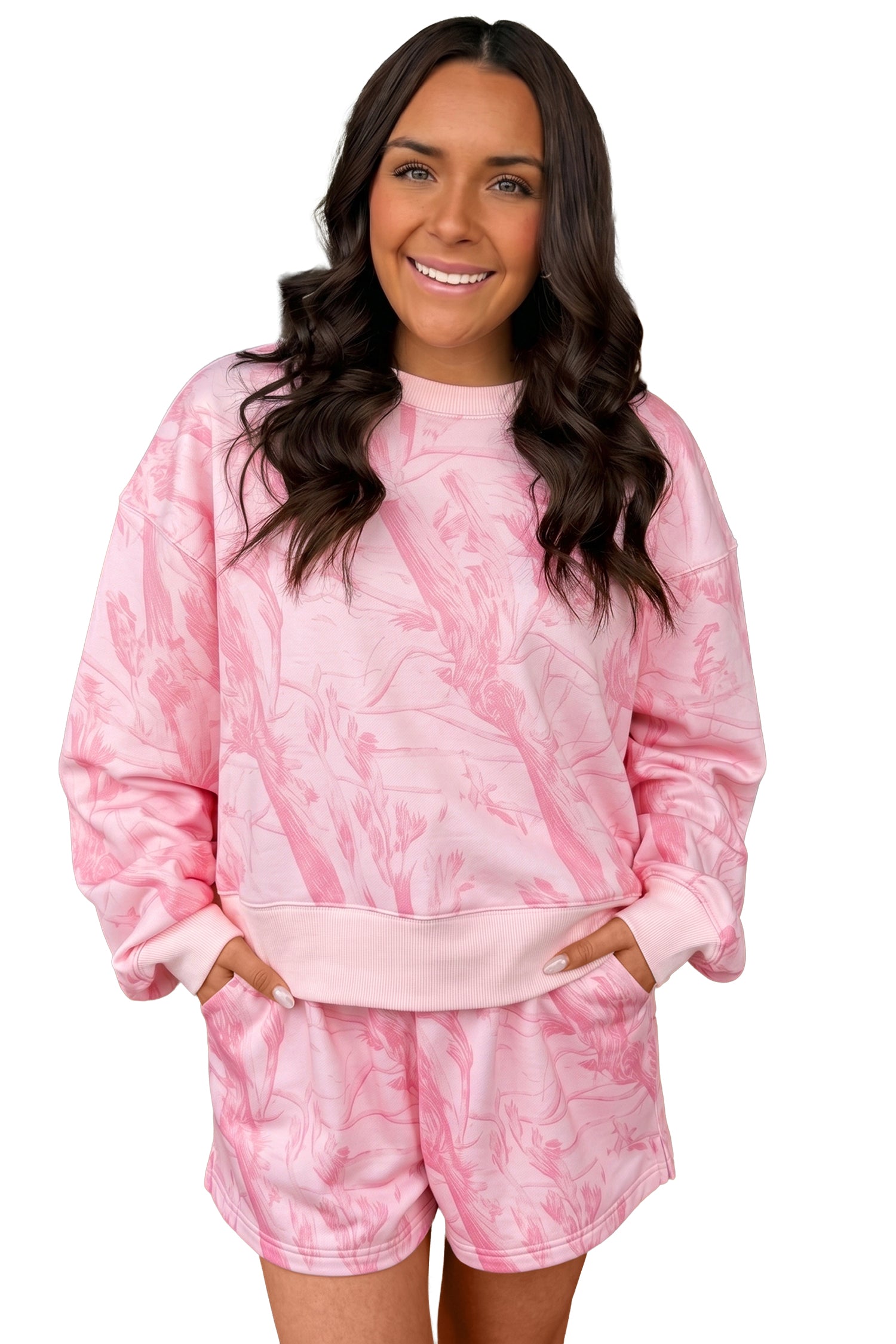 Pink Abstract Print Ribbed Crewneck Long Sleeve Top Elastic Waist Short Set