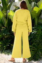 Drop Shoulder Puff Sleeve Crop Pullover Drawstring Wide Leg Pants Set