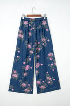 Blue Retro Floral Print Tie Elastic Waist Button Pintuck Wide Leg Jeans