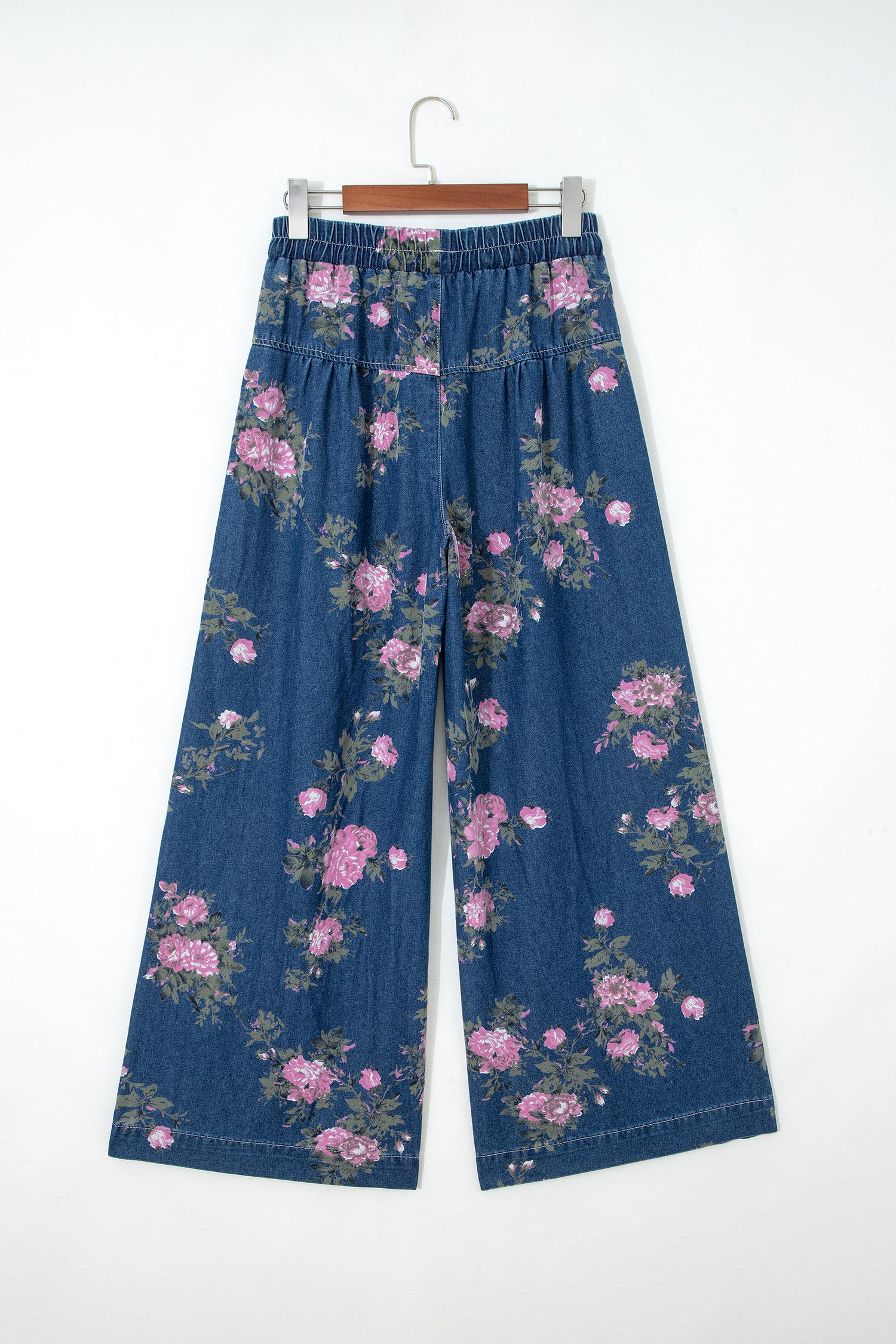 Blue Retro Floral Print Tie Elastic Waist Button Pintuck Wide Leg Jeans