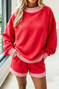 Fiery Red Gingham Trim Baggy Pullover 2pcs Short Set