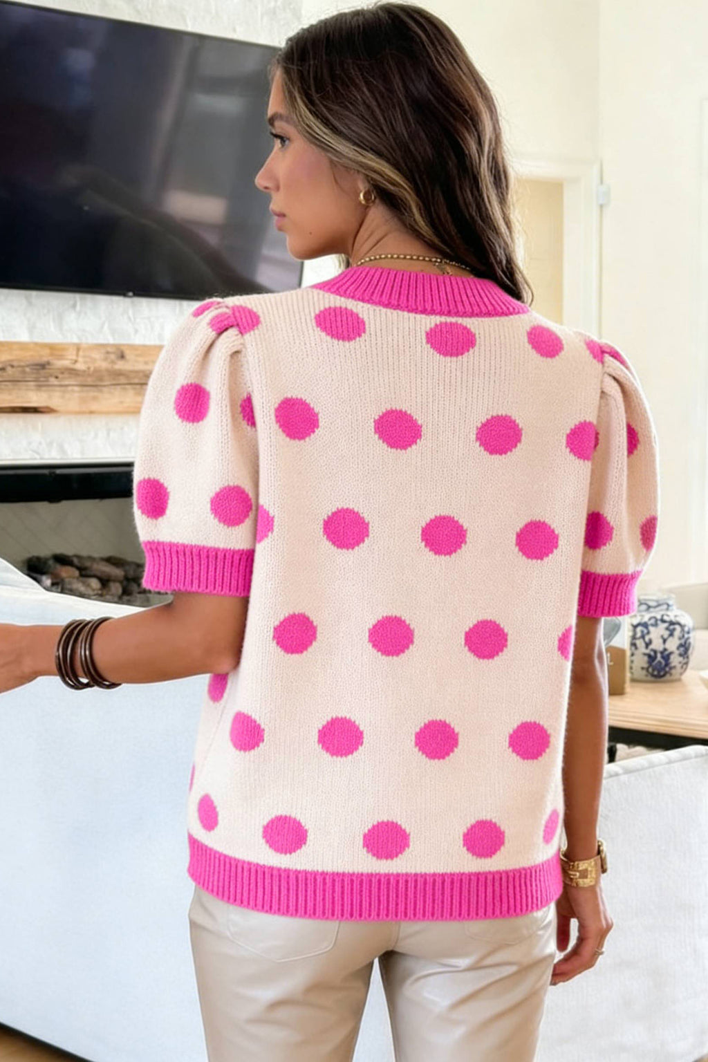 Rose Red Polka Dot Puff Short Sleeve Sweater Top