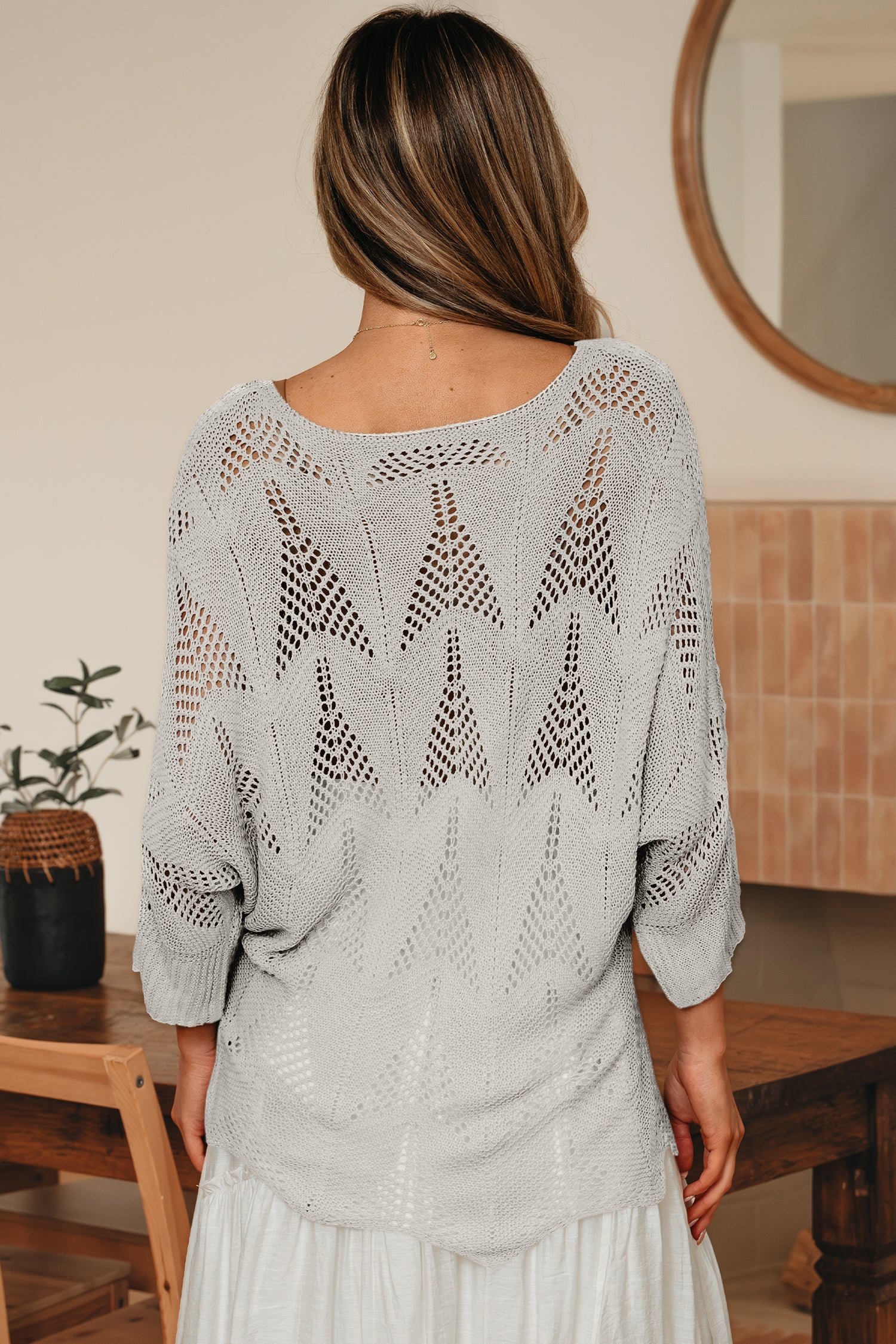 Hollow Out Knit 7/8 Sleeve Casual Sweater