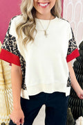 Beige Leopard Block Patchwork Uneven Hem Short Sleeve Top