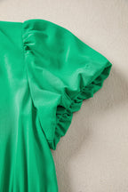 Solid Color V Neck Short Puff Sleeve High Waist Tiered Maxi Dress