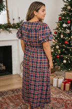 Black Plaid V Neck Belted Waist Short Sleeve Plus Size Dress