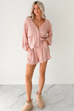 Gossamer Pink Cable Knit V Neck Cardigan Shorts Set