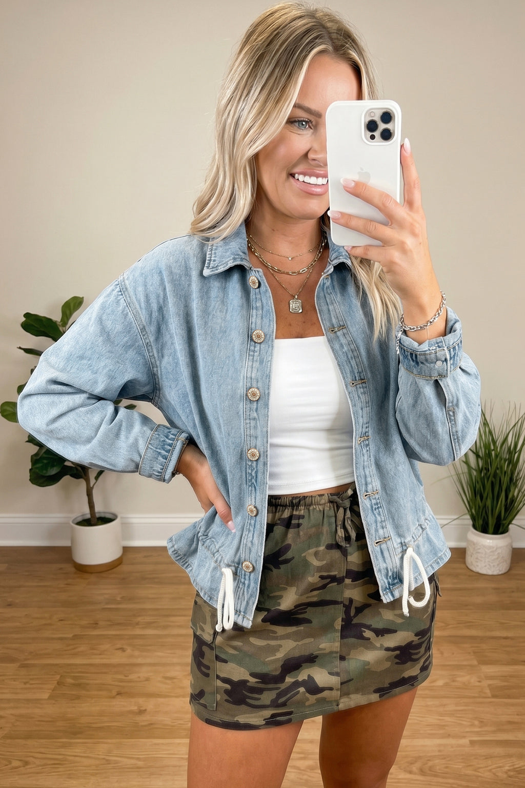 Beau Blue Draw-cord Hem Light Wash Denim Jacket