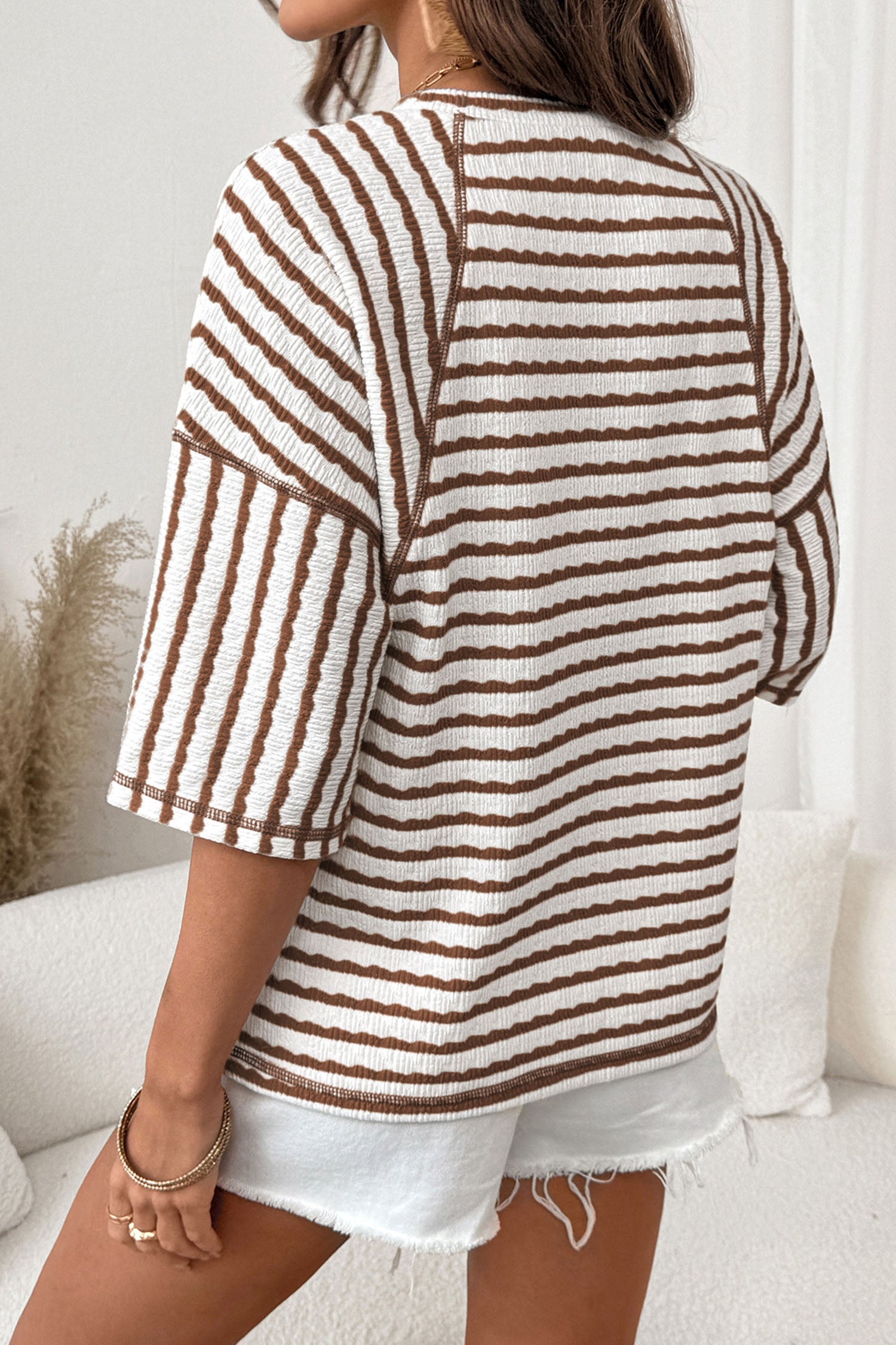 Pink Stripe Textured Knit Split Hem Half Sleeve Loose Top