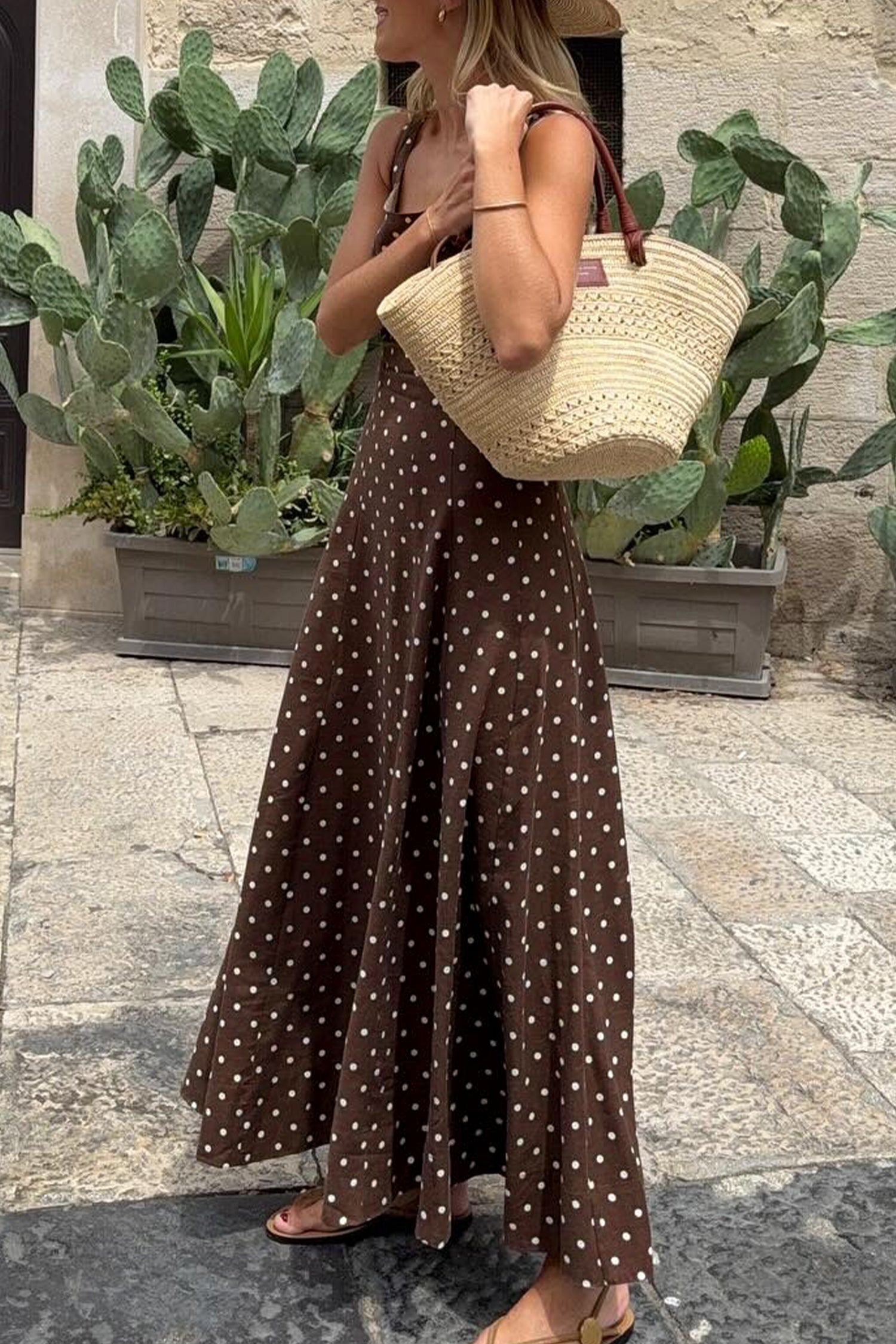 Brown Polka Dot Print Square Neck Sleeveless Vacation Long Dress