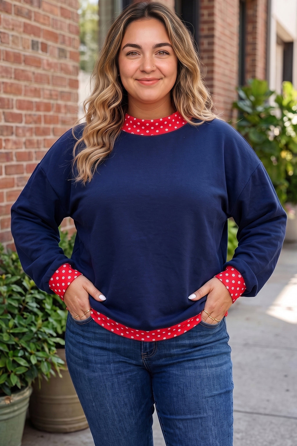 Polka Dot Patchwork Round Neck Plus Size Sweatshirt