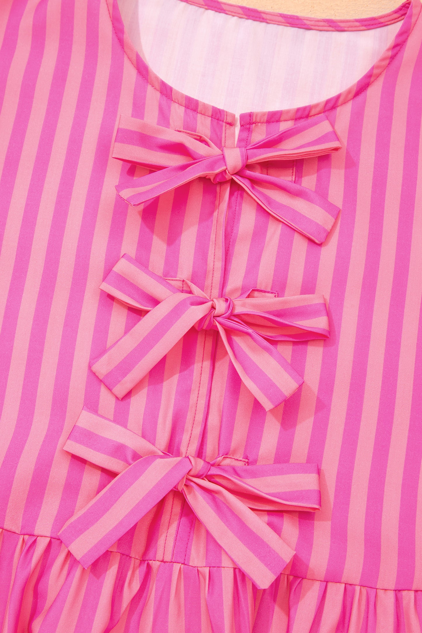 Rose Striped Print Bow Detail Short Puff Sleeve Mini Dress