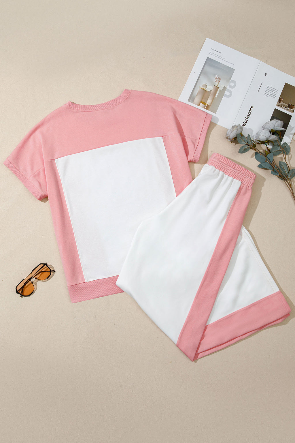 White Two-tone Color Block Patchwork Tee Drawstring Loose Pant Set
